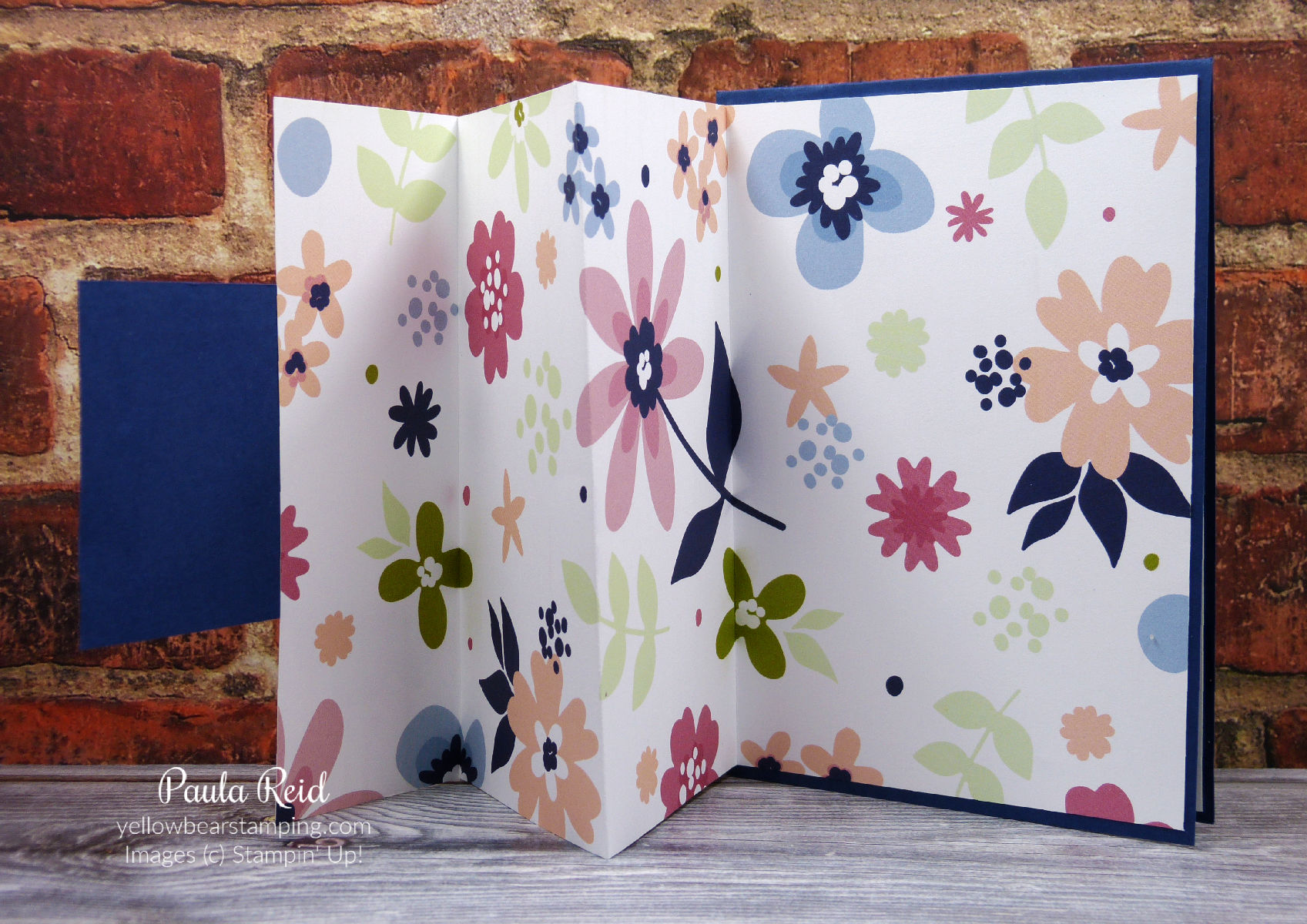 Friday Fun Fold Paper Blooms DSP Concertina Fold Card Yellow Bear Stamping