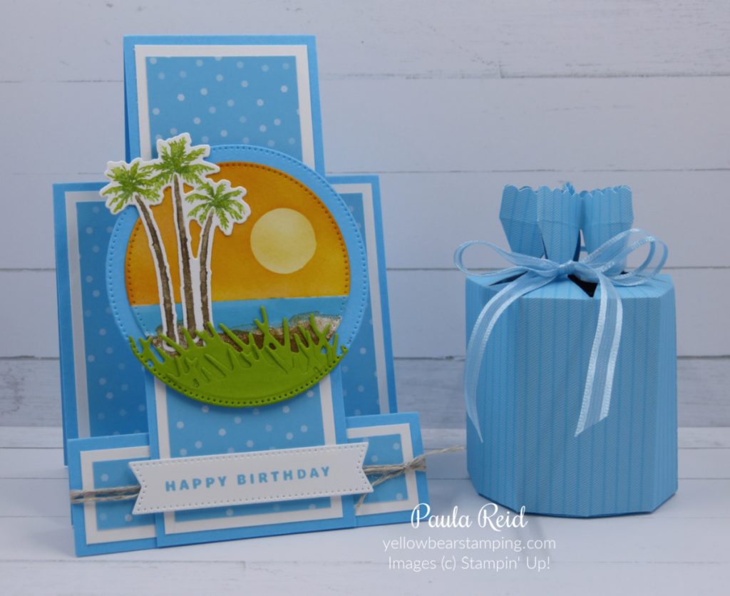 Faux step card using Paradise Palms and gift box made with Cracker and Treat Box die